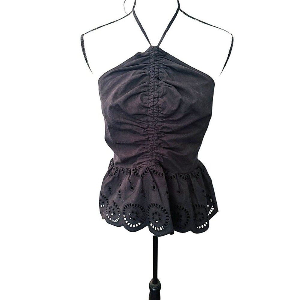 INC Black Halter Top NWT Large Ruched Eyelet Peplum Date Night Boho Chic